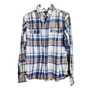 George Mens Sz M Long Sleeve Button Down Flannel Plaid Shirt Blue Beige